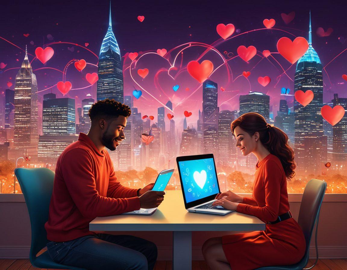 A whimsical illustration of a couple happily connecting through emails, with digital hearts floating around them, each heart symbolizing verification checks. In the background, a futuristic cityscape represents the digital age, with glowing email icons and trust symbols like shields and checkmarks. The scene conveys warmth and trust in modern romance, highlighting the importance of security in relationships. vibrant colors. digital illustration. romantic atmosphere.