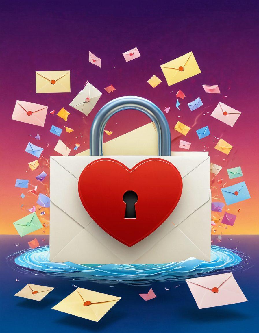 A heart-shaped padlock symbolizing love and security, surrounded by floating envelopes representing emails, all set against a serene and romantic backdrop. The padlock glows softly, while the envelopes are illustrated with a charming touch, suggesting warmth and safety in communication. The scene should evoke feelings of trust and intimacy. vibrant colors. digital art.